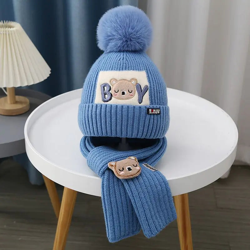 Children's Knitted Cartoon Bear Hat & Scarf Set
