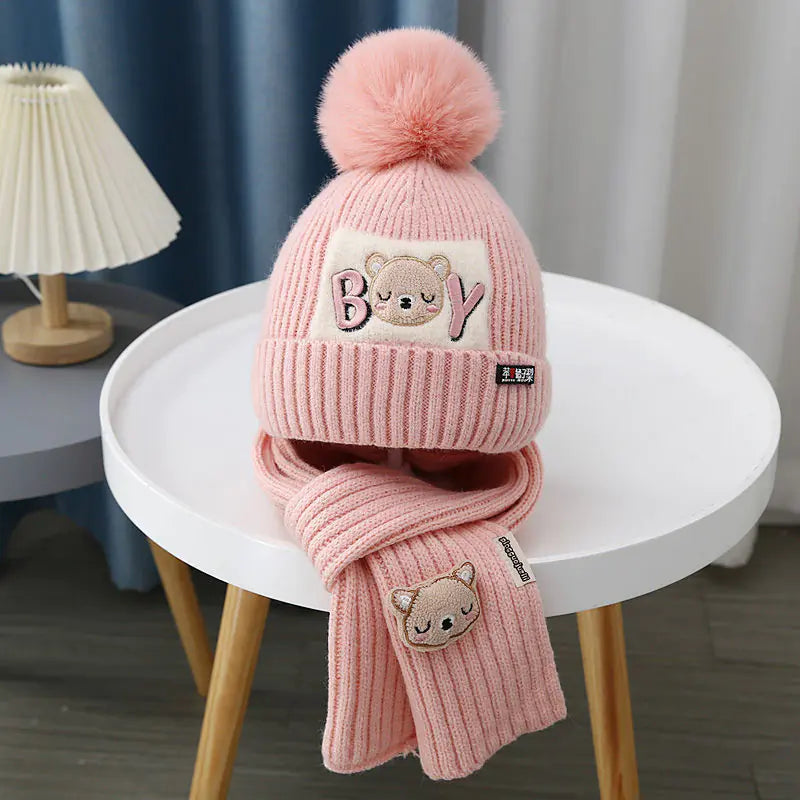 Children's Knitted Cartoon Bear Hat & Scarf Set