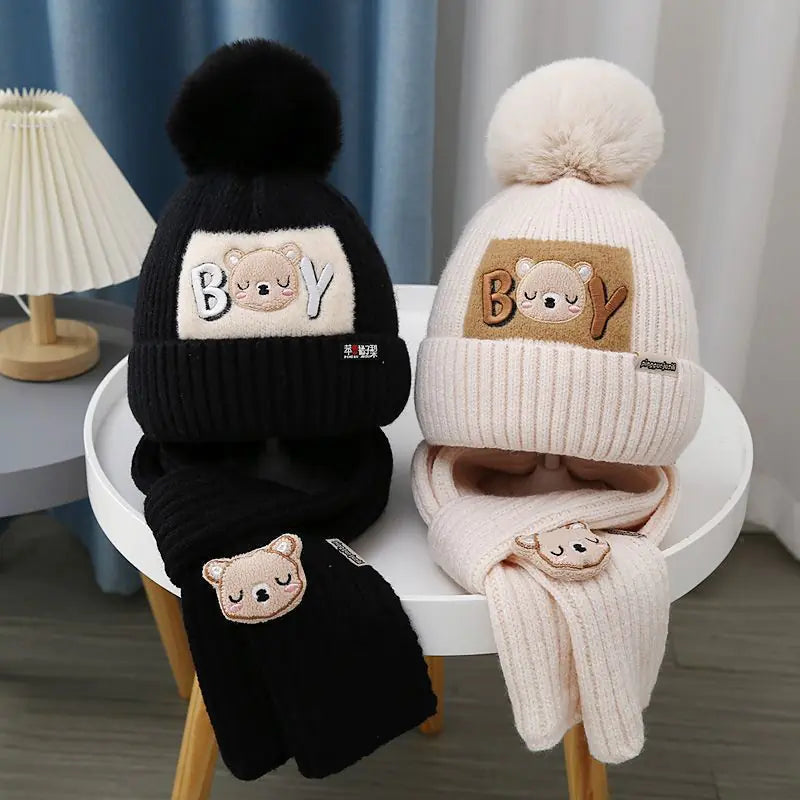 Children's Knitted Cartoon Bear Hat & Scarf Set