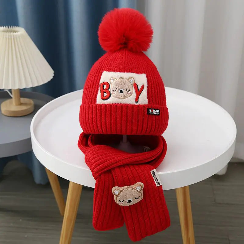 Children's Knitted Cartoon Bear Hat & Scarf Set