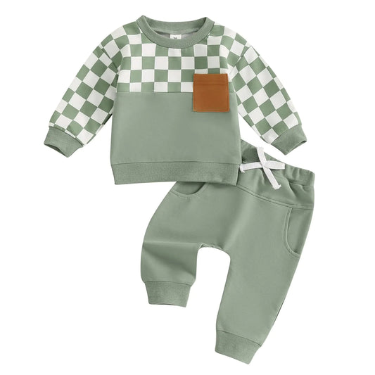 Toddler Baby Boy Fall Clothes Checkered Color Block Long Sleeve Sweatshirt with Solid Pants 2Pcs Winter Outfits (Green Plaid 6-12 Months)