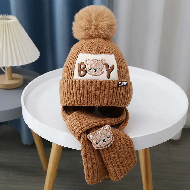 Children's Knitted Cartoon Bear Hat & Scarf Set
