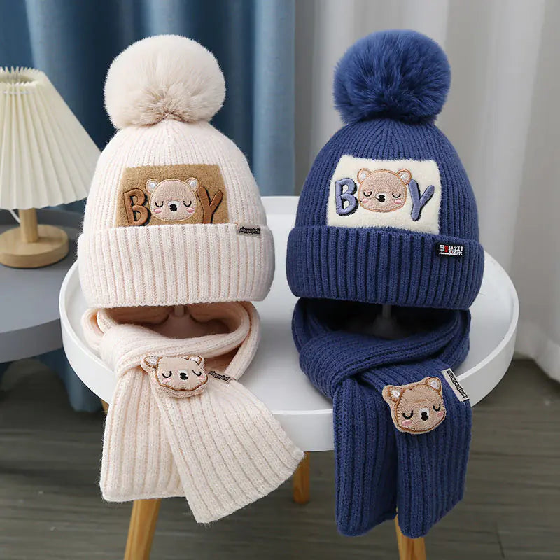 Children's Knitted Cartoon Bear Hat & Scarf Set