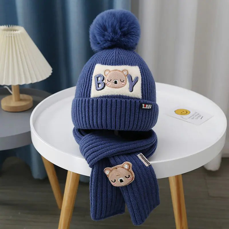 Children's Knitted Cartoon Bear Hat & Scarf Set