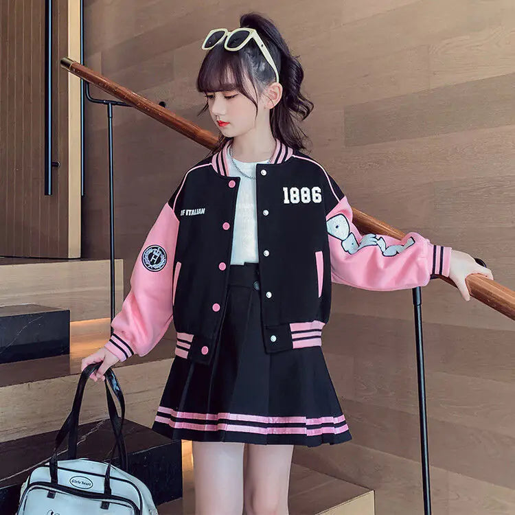 Girls' College Style Baseball Jacket & Pleated Skirt Set