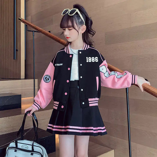 Girls' College Style Baseball Jacket & Pleated Skirt Set