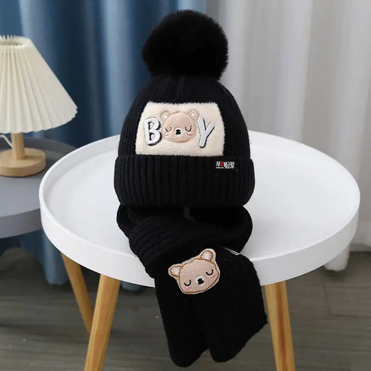 Children's Knitted Cartoon Bear Hat & Scarf Set