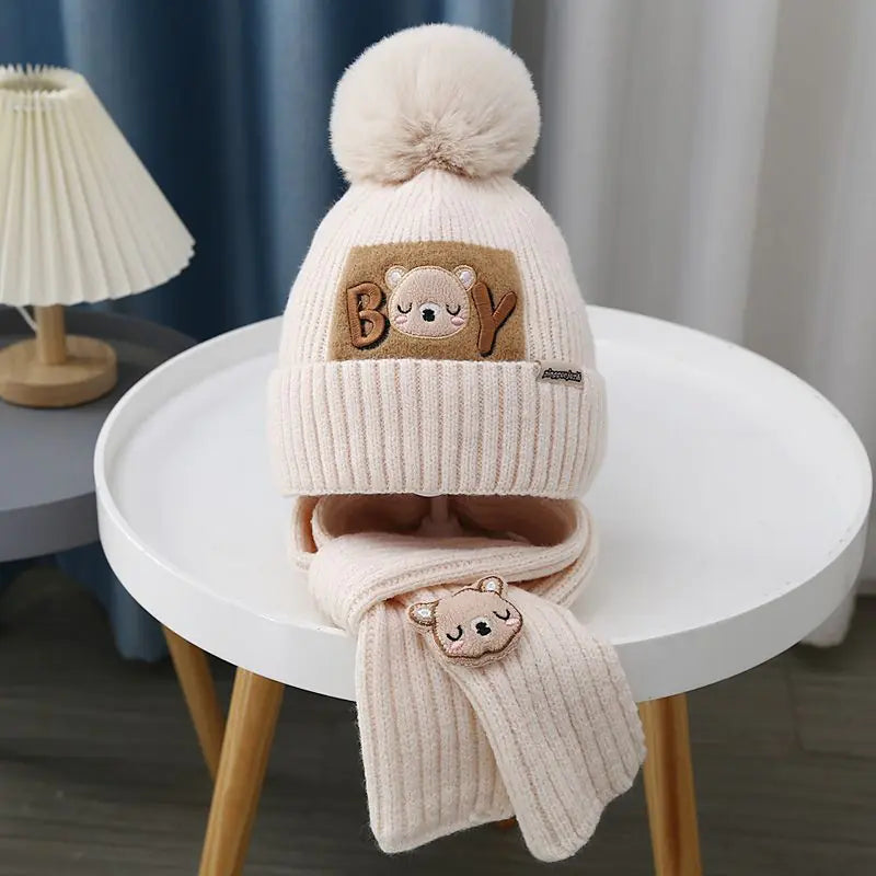 Children's Knitted Cartoon Bear Hat & Scarf Set