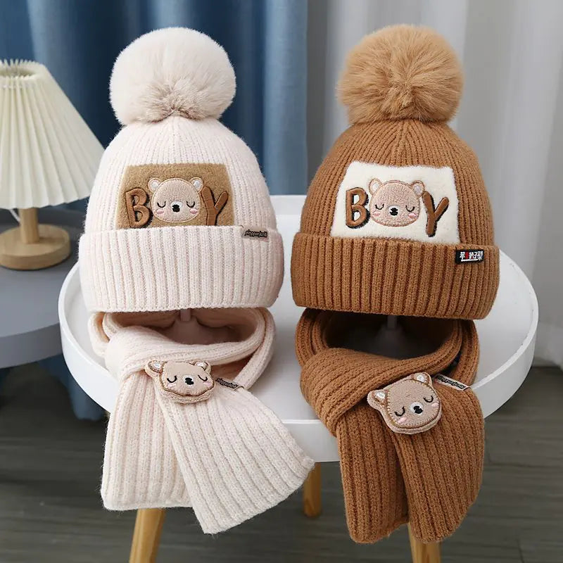 Children's Knitted Cartoon Bear Hat & Scarf Set