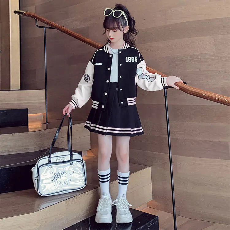 Girls' College Style Baseball Jacket & Pleated Skirt Set