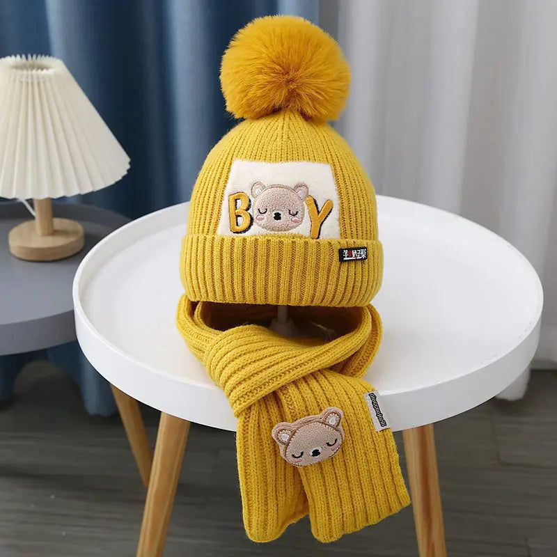 Children's Knitted Cartoon Bear Hat & Scarf Set