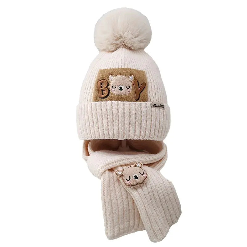 Children's Knitted Cartoon Bear Hat & Scarf Set